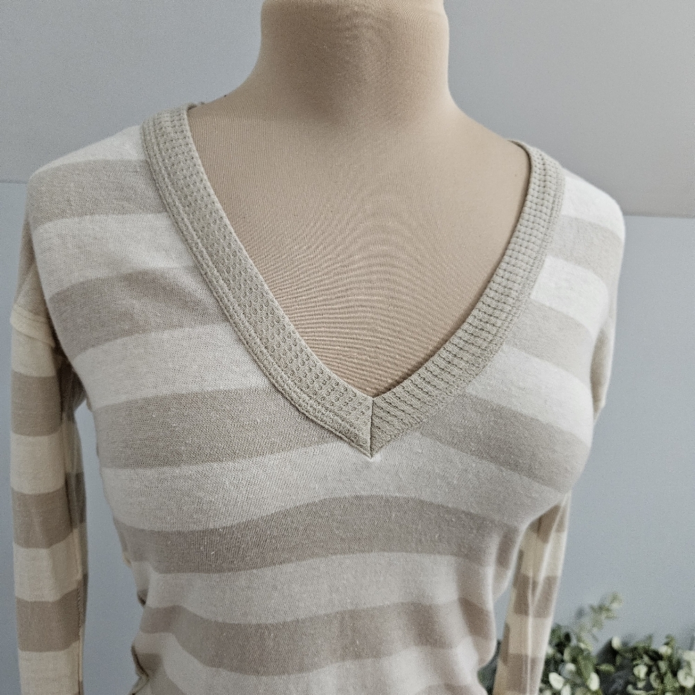 We The Free Sail Away Striped Long Waffle Knit Sleeve Top XS Beige White Neutral - Picture 8 of 16